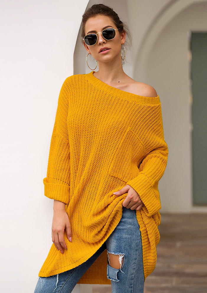 SZ60241-2 Yellow Knit One Shoulder Long Sleeve Casual Sweater